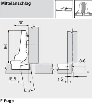 CLIP top Standardscharnier 100°, gekröpft, mit Feder, Topf: Schrauben